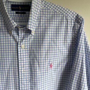Polo by Ralph Lauren Men's White with Blue Square Patterned Shirt Slim (Size M)